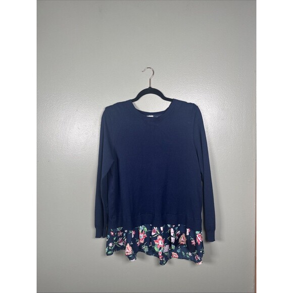 Time & Tru Split Back 2fer Blue Sweater Floral Women’s Top Sz Medium - Oversized - Picture 1 of 9